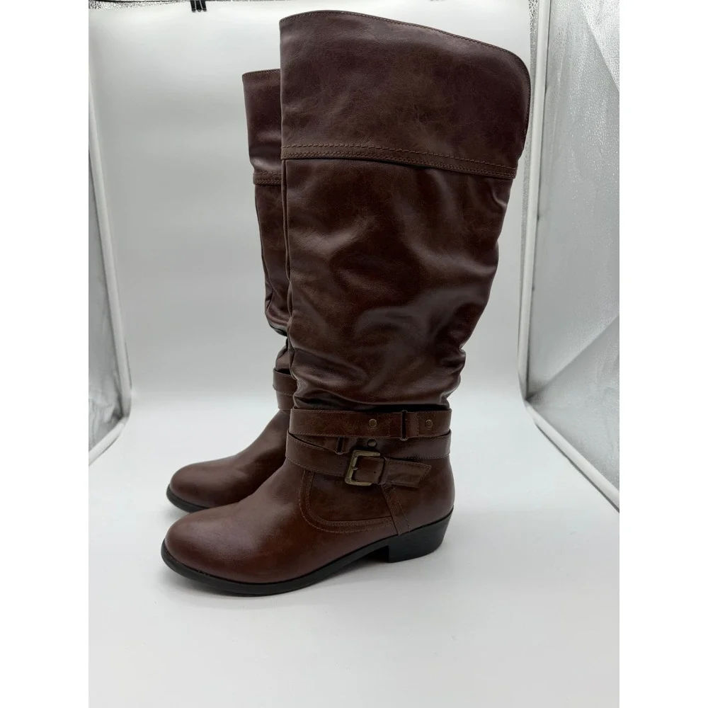 SM New York Brown Slouchy Knee High Boots Women 9M Buckle Strap Low Heel
